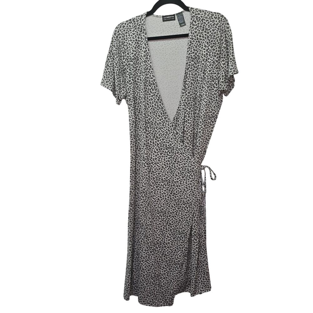 Liz Claiborne Black and White Leopard Print Wrap Midi Dress
